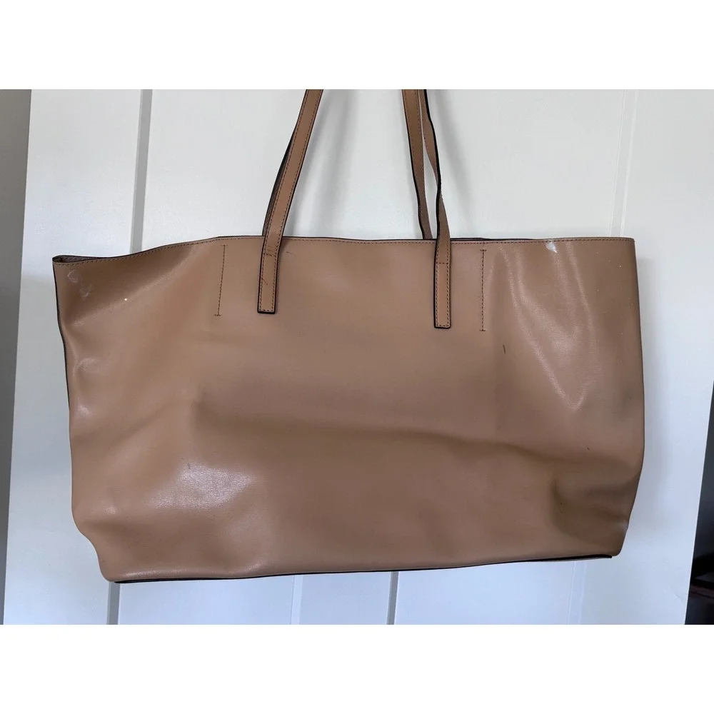 Michael Kors Large Tan Leather Tote Bag Shoulder Carryall Beige Silver Logo